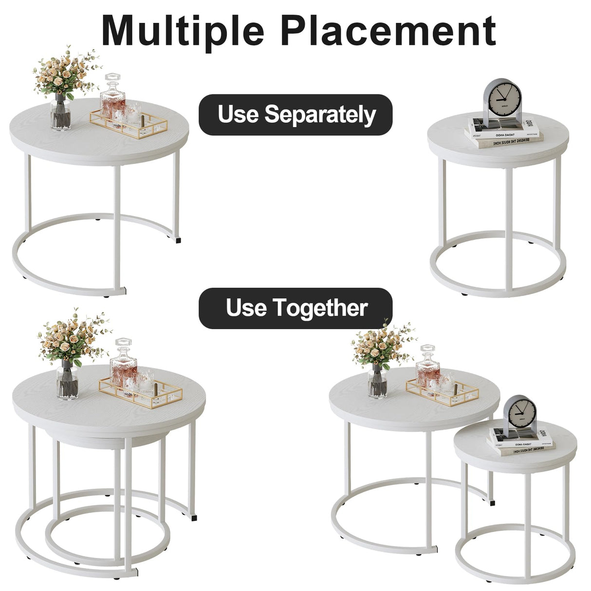 VILAWLENCE Nesting Coffee Table Round Side Table Set of 2 End Tables for Living Room Bedroom Balcony,White Wooden Stacking Accent Coffee Tables with Metal Frame VILAWLENCE