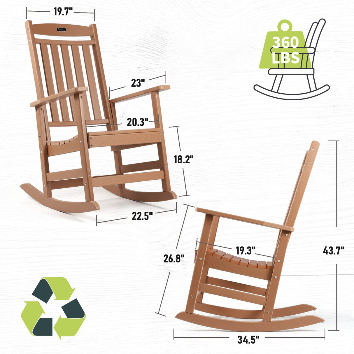 FUNBERRY Patio Rocking Chairs Set of 2,Poly Lumber Rocker,All Weather Rocking Chair Outdoor,High Back Porch Rocker,Cracker Barrel Rocking Chairs for Porch,360lbs FUNBERRY