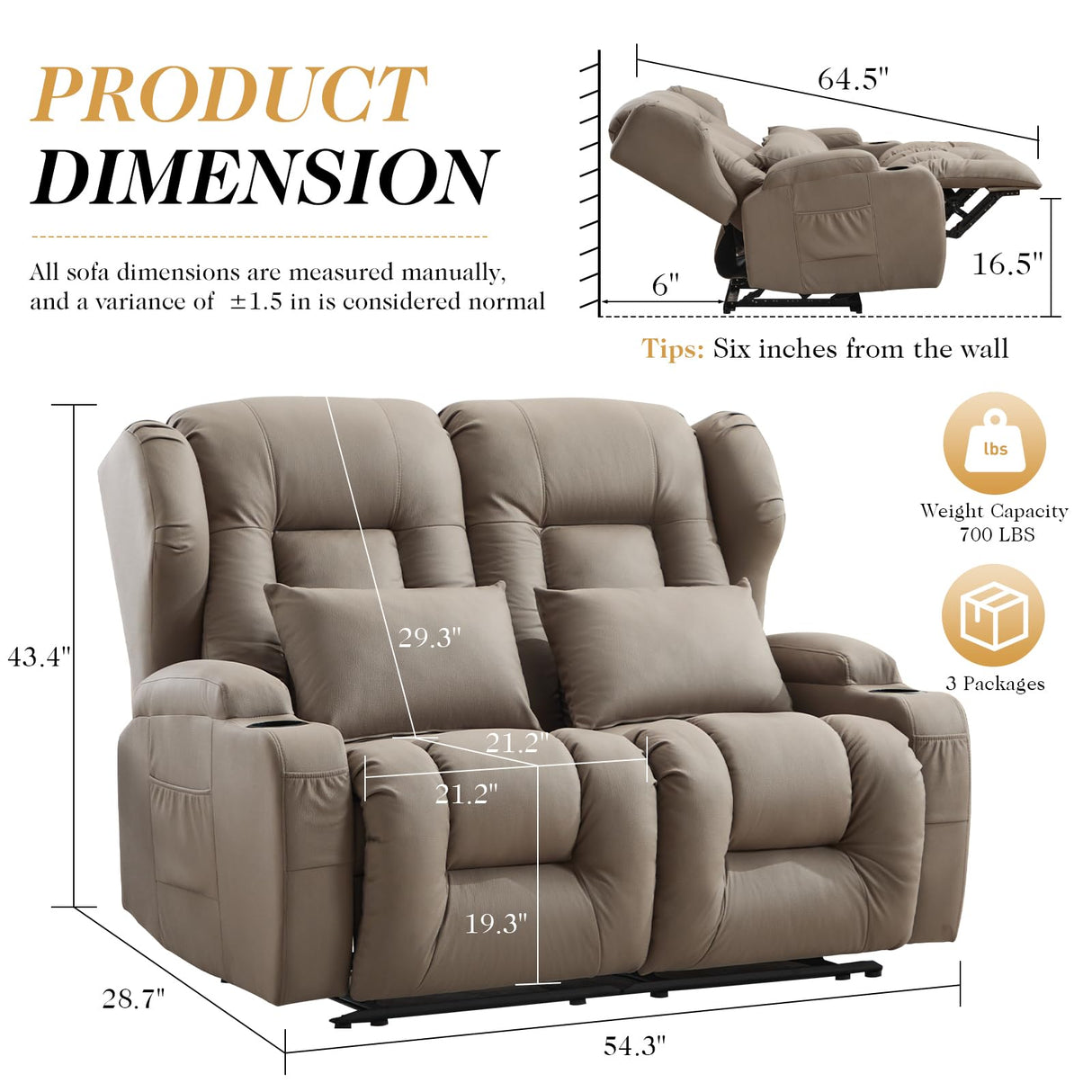 RV Loveseat Recliner Sofa,Reclining Loveseat Sofa Wall Hugger Recliners for Small Spaces, Double Manual Recliner Couches with Cup Holders for Living Room Furniture(Khaki, Loveseat) Generic
