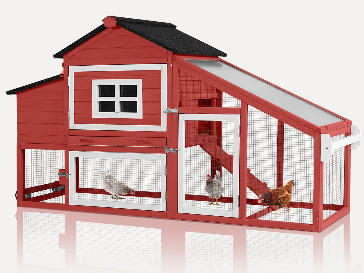 MEDEHOO Chicken Coop Expandable Chicken House for Outdoor with Wheels Nesting Box, Leakproof Pull-on Tray, and UV-Resistant Roof Panel - Red MEDEHOO