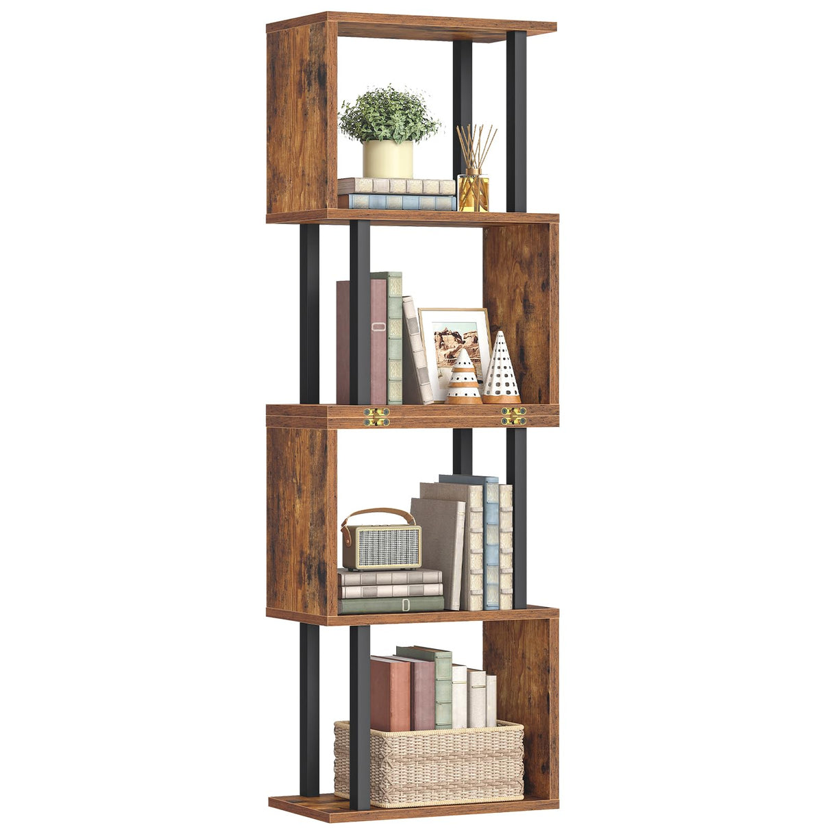HOOBRO 5-Tier Bookshelf, S-Shaped Geometric Bookcase, Modern Display Shelf, Wooden and Metal Decorative Divider Rack, 2-in-1 Folding Bookshelf for Office, Living Room, Rustic Brown and Black BF20SJ01 HOOBRO