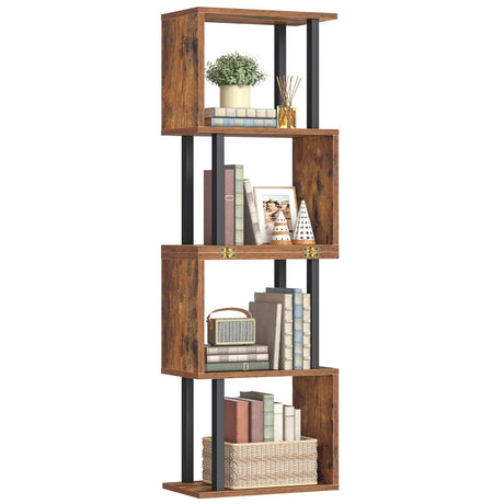 HOOBRO 5-Tier Bookshelf, S-Shaped Geometric Bookcase, Modern Display Shelf, Wooden and Metal Decorative Divider Rack, 2-in-1 Folding Bookshelf for Office, Living Room, Rustic Brown and Black BF20SJ01 HOOBRO