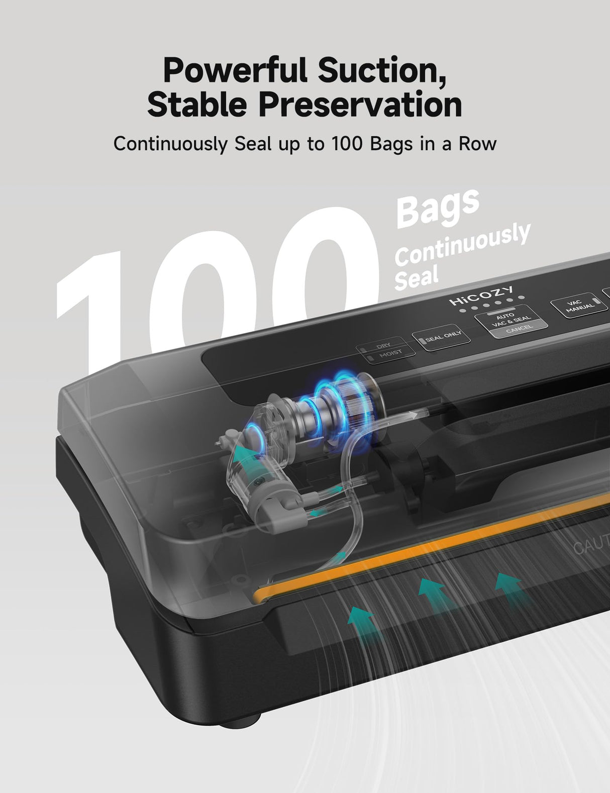 HiCOZY Vacuum Sealer, Vacuum Sealer Machine for Food, Food Sealer, 85Kpa(25.1 Hg) Full Automatic Handle Locked Design, Build-in Cutter, Compact Design With All Starter Kits, 5-Year Quality Commitment Hicozy