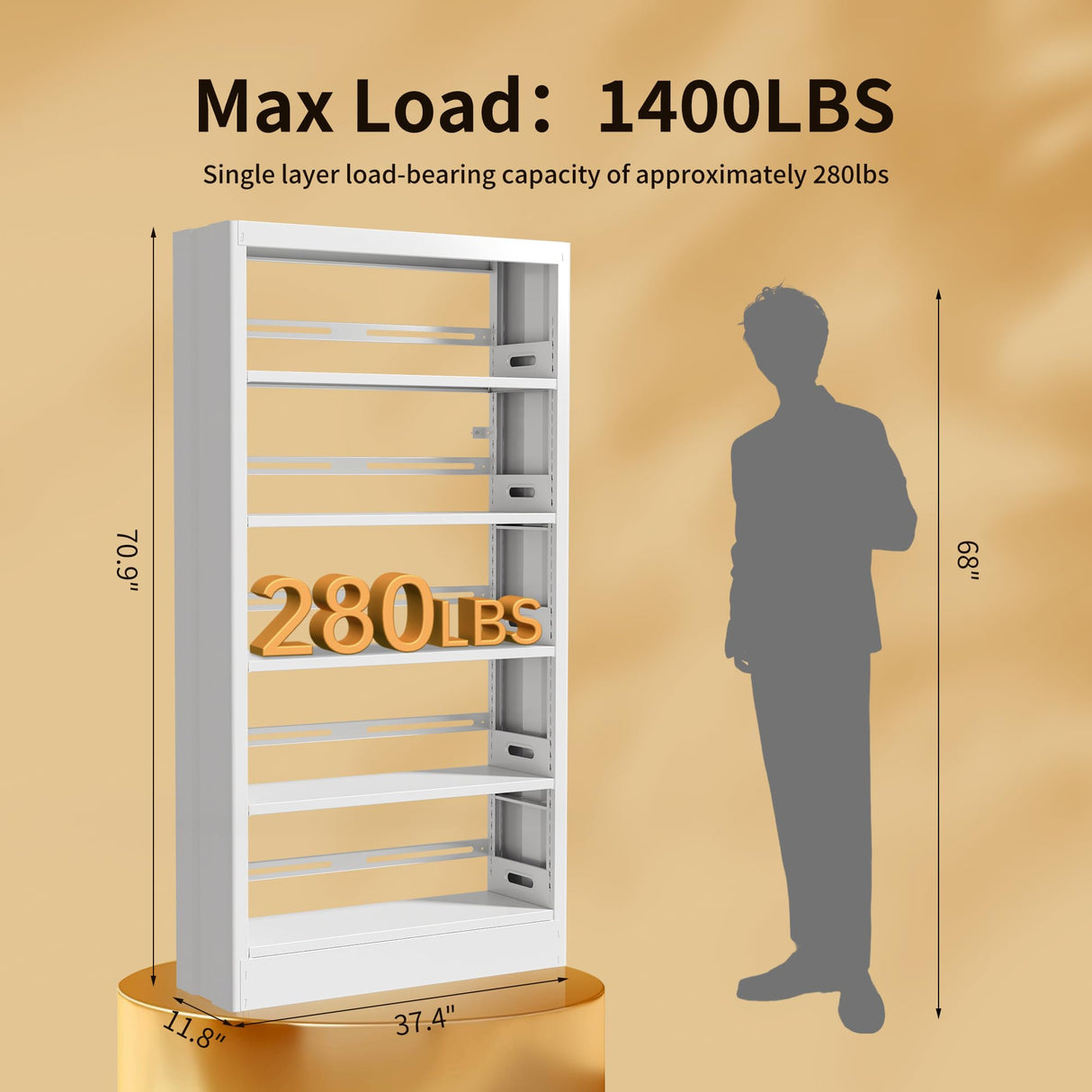 POKOKE 70.9" H Metal Bookshelf, Adjustable Bookcase, 5-Tier Heavy Duty Bookshelf with Bookend, Tall Bookshelves, Bookcase Shelf for Living Room, Office, Library,Classroom (White-37.4W) POKOKE