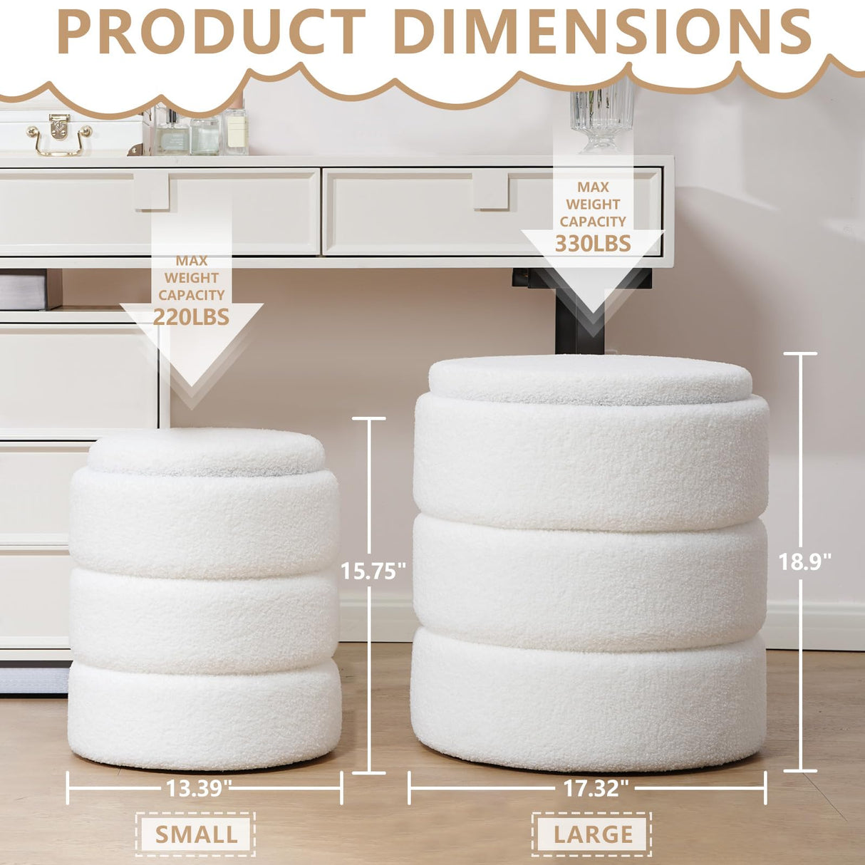 oakvivo Round Ottoman with Storage Set of 2, Soft Teddy Velvet Upholstered Foot Stool Vanity Chairs, Support 330lbs Padded Seat Multifunctional Ottomans Footrest, Foot Rest for Living Room, White oakvivo