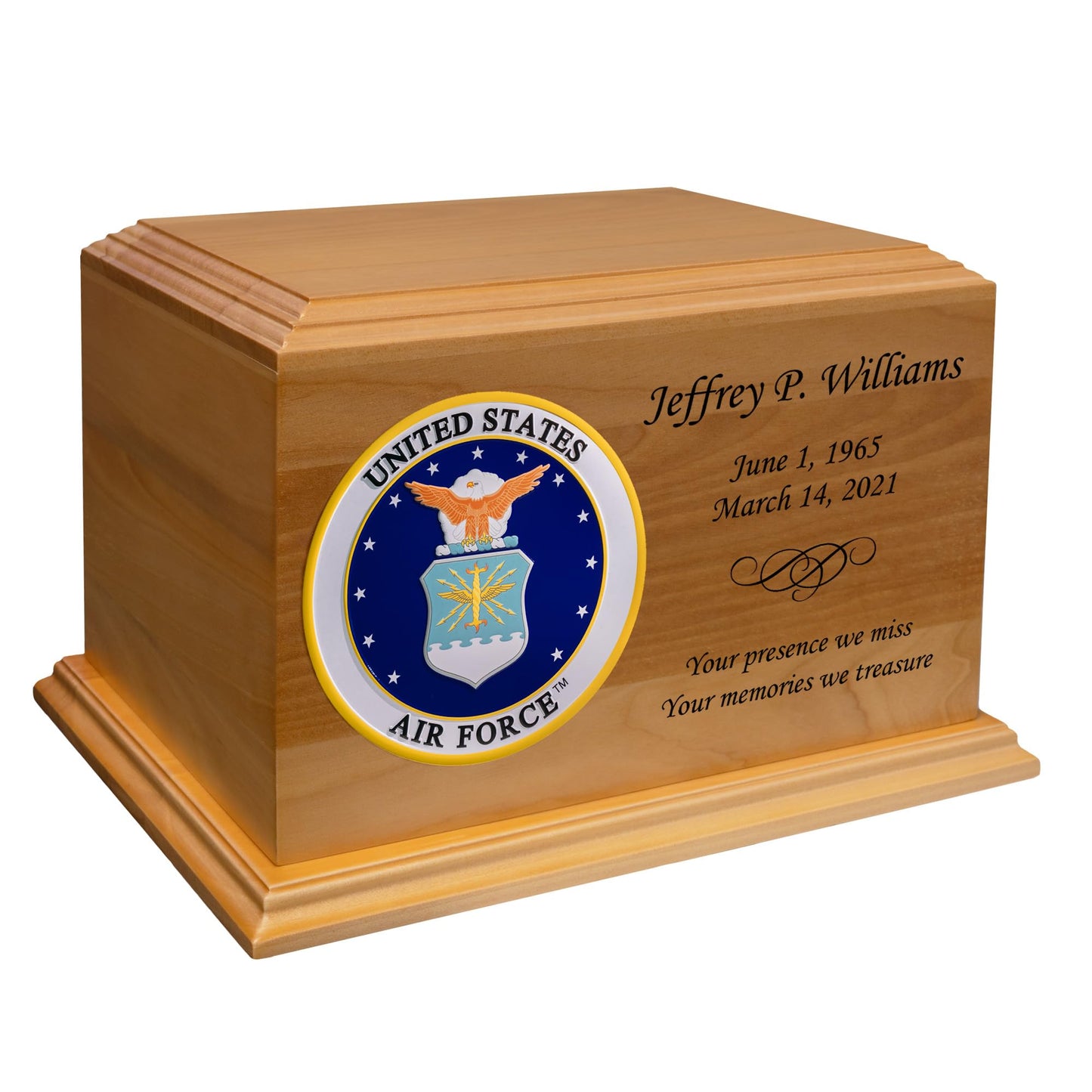 Mainely Urns Air Force Emblem Diplomat Solid Cherry Hardwood Cremation Urn - Solid Wood Urn for Ashes - Made in The U.S.A. - 210 Cubic Inch Capacity - WoodArtSupply