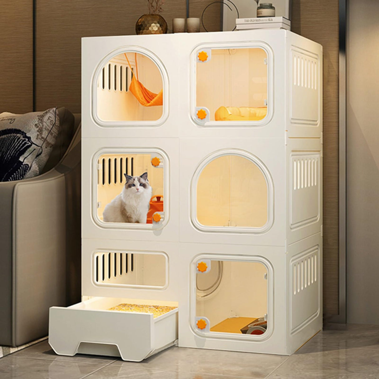 Cat Cages Indoor with Litter Box, Thicken Plastic + Resin Material, 2/3-Tier Large Indoor Enclosure with Transparent Windows and Knob Locks(White,27.9x18.3x41.7in) SASNMEO