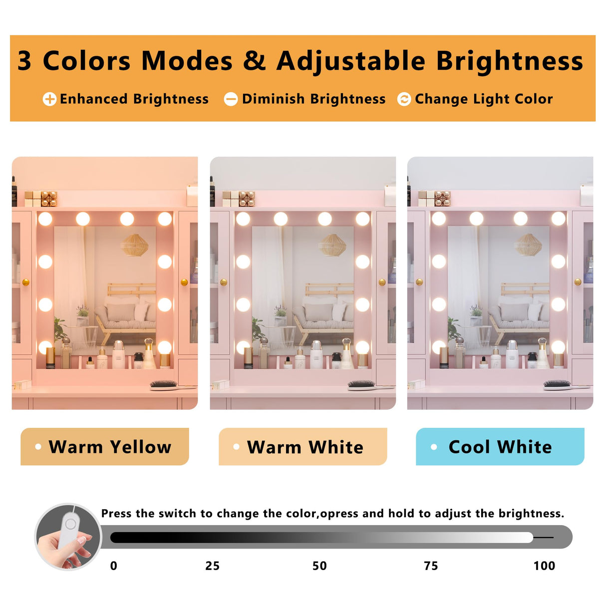 Wodeer Vanity Desk with Lighted Mirror & Power Strip,Makeup Vanity Table with RGB LED Lights & Chair,White Dressing Table Set with 7 Drawers & 2 Cabinet for Girls Women Bedroom & Dressing Room,Pink Wodeer