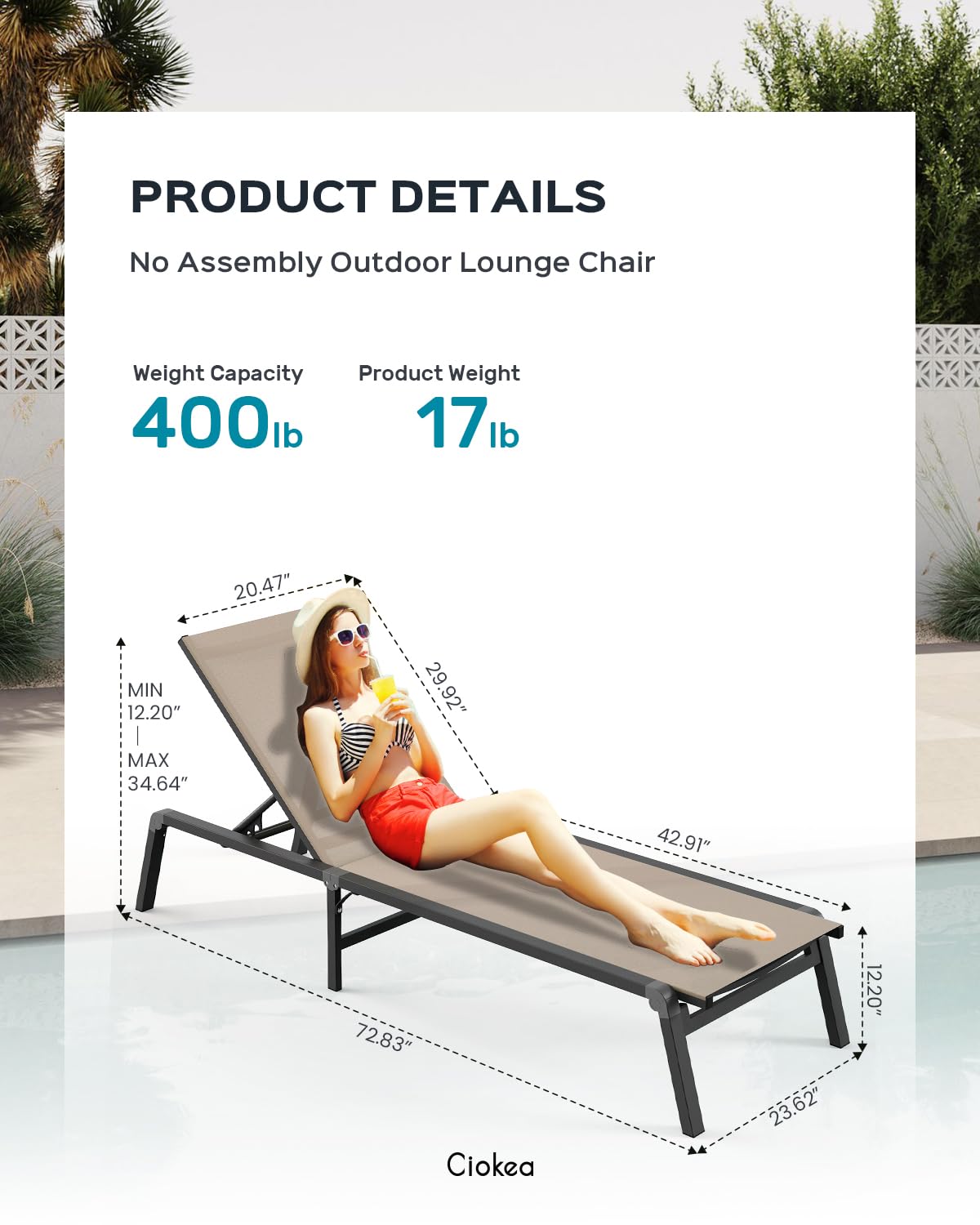 Aluminum Chaise Lounge Ourdoor - Foldable & Assemble Free Outdoor Lounge Chair with 5 Adjustable Backrest, Patio Lounge Chair for Outside Poolside Beach Pool, Khaki Ciokea