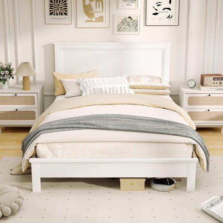 KOMFOTT Full Size Wood Platform Bed Frame with Headboard, Wooden Mid Century Platform Bed with Slat Support & Under Bed Storage, Mattress Foundation Bed Base, No Box Spring Needed, White KOMFOTT