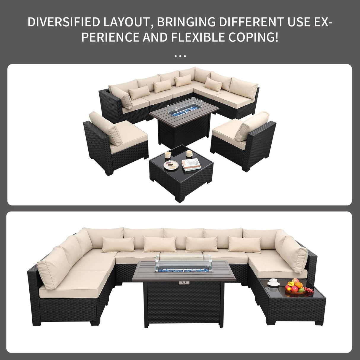 Rattaner 10 Pieces Outdoor Sectional All-Weather Wicker Patio Furniture Set Patio Sectional and Steel Fire Table and Glass Patio Table Non-Slip Cushions and Waterproof Covers, Khaki Rattaner