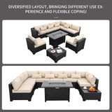 Rattaner 10 Pieces Outdoor Sectional All-Weather Wicker Patio Furniture Set Patio Sectional and Steel Fire Table and Glass Patio Table Non-Slip Cushions and Waterproof Covers, Khaki Rattaner