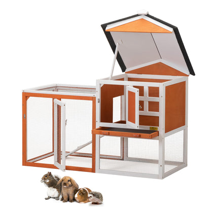 Rabbit Hutch Indoor Bunny Cage Outdoor Wooden Chicken Coop Small Animal Enclosure with Pull Out Tray & Weatherproof Asphalt Roof,48" L x 24" W x 35" H Orange