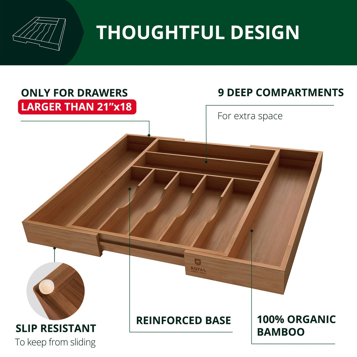 ROYAL CRAFT WOOD Luxury Bamboo Kitchen Drawer Organizer - Silverware Organizer - Utensil Holder and Cutlery Tray with Grooved Drawer Dividers for Flatware and Kitchen Utensils (9 Slot, Brown Bamboo) ROYAL CRAFT WOOD
