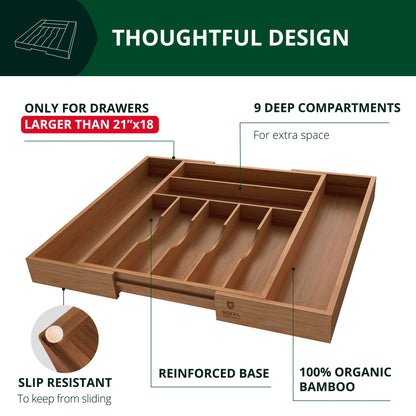 ROYAL CRAFT WOOD Luxury Bamboo Kitchen Drawer Organizer - Silverware Organizer - Utensil Holder and Cutlery Tray with Grooved Drawer Dividers for Flatware and Kitchen Utensils (9 Slot, Brown Bamboo)