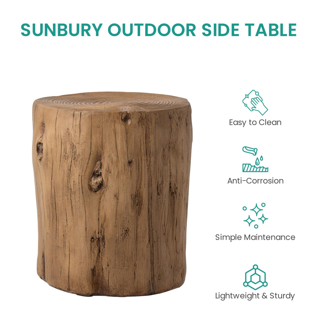 SUNBURY Outdoor Stump Side Table, Faux Wooden Concrete Side Table, Tree Stump Wooden Stool, Patio End Table, Round Outdoor Accent Drum Table, Light Brown Ottoman or Plant Stand SUNBURY