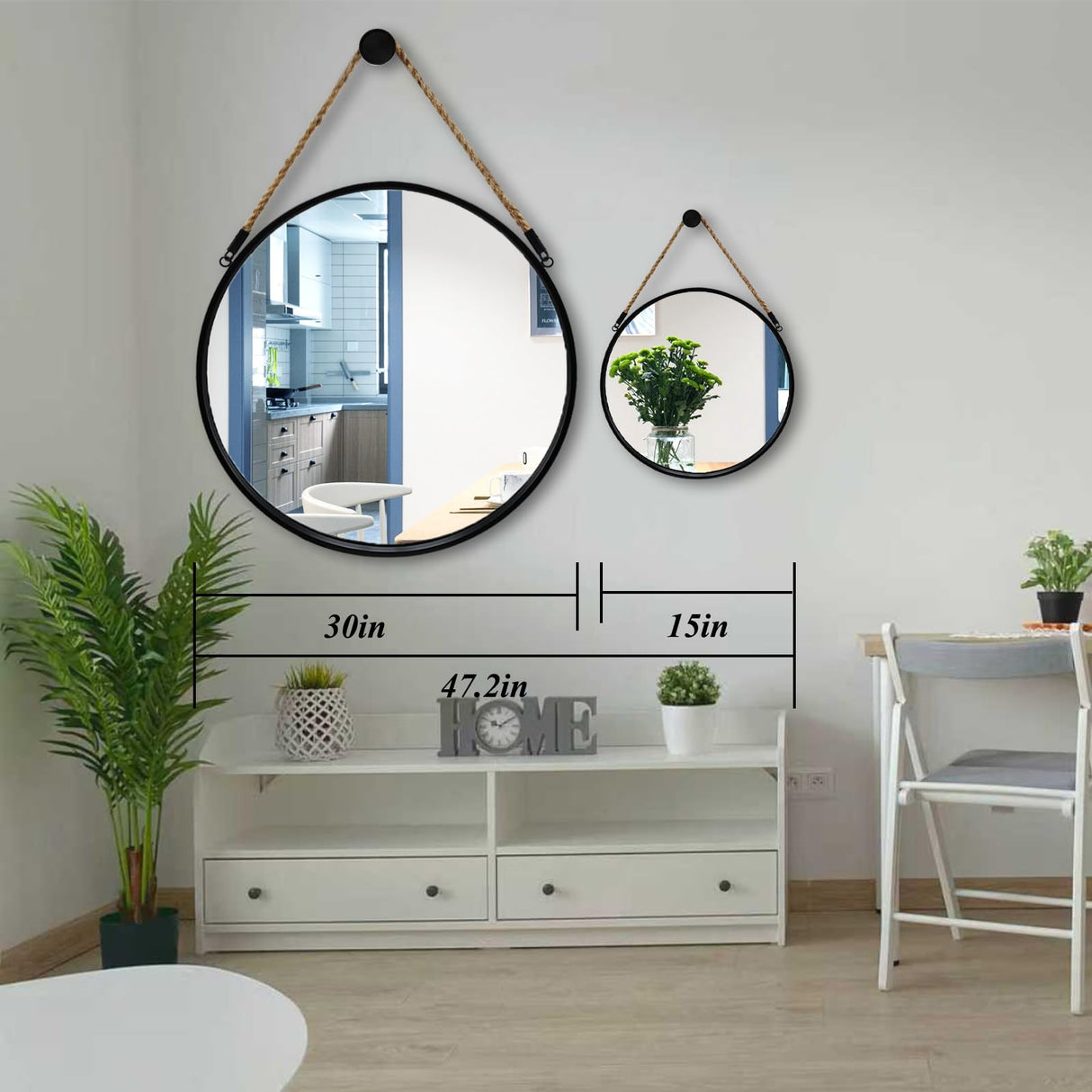 POZINO Round Mirror, 15" Rope Hanging Mirror, Farmhouse Circle Mirrors, Black Metal Frame Wall Mirrors for Bathroom, Bedroom, Living Room, Entryway, Fireplace, Home Decor POZINO