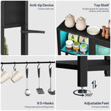 HOOBRO Bakers Rack with Power Outlet and LED Light, 59.1'' Industrial Microwave Stand, Coffee Bar Cabinet with Storage, Goblet Holder & 6-S Hooks, Kitchen Storage Shelf with Cabinet, Black BB17UDHB01 HOOBRO