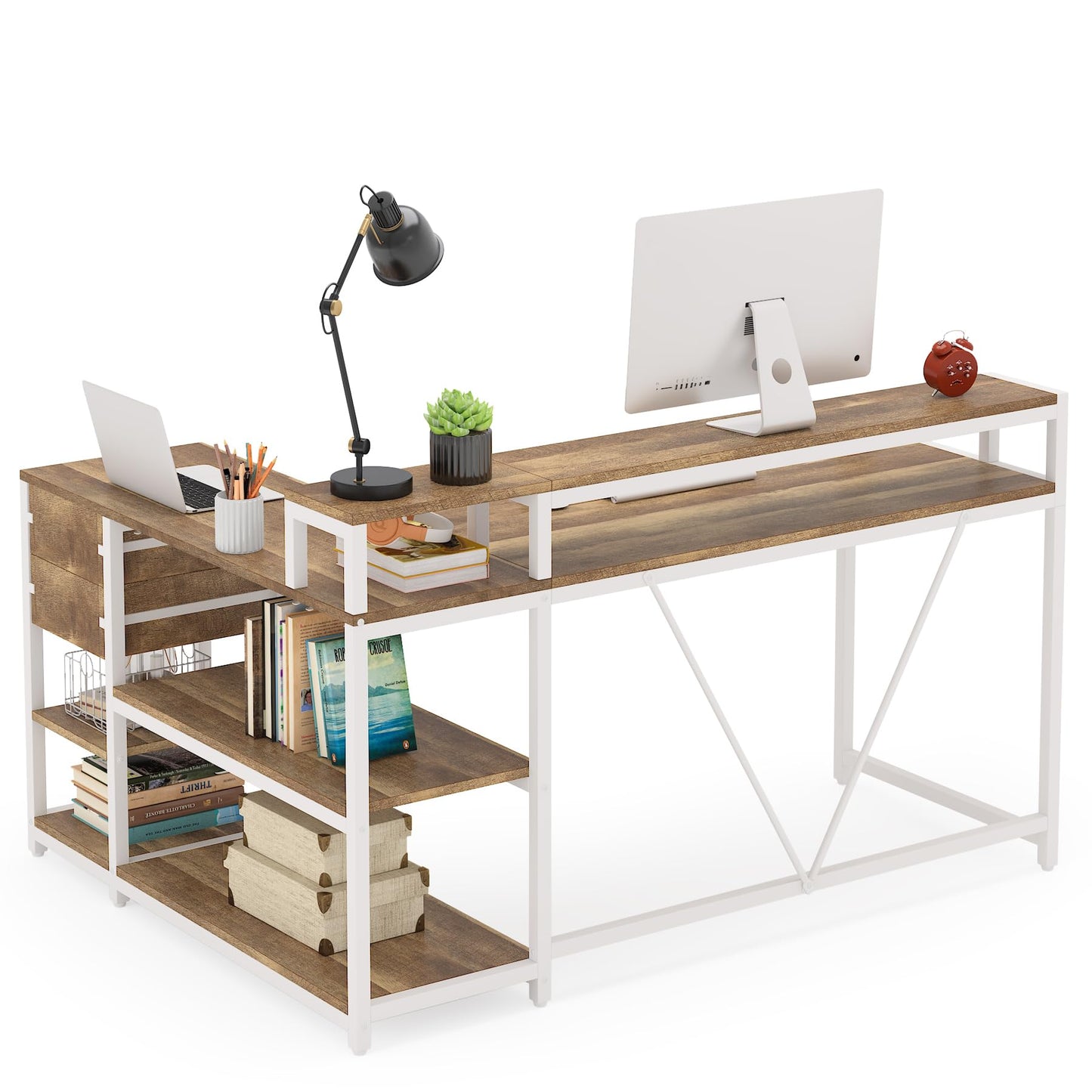 LITTLE TREE Reversible L-Shaped Computer Desk with hutch & Shelf,white - WoodArtSupply