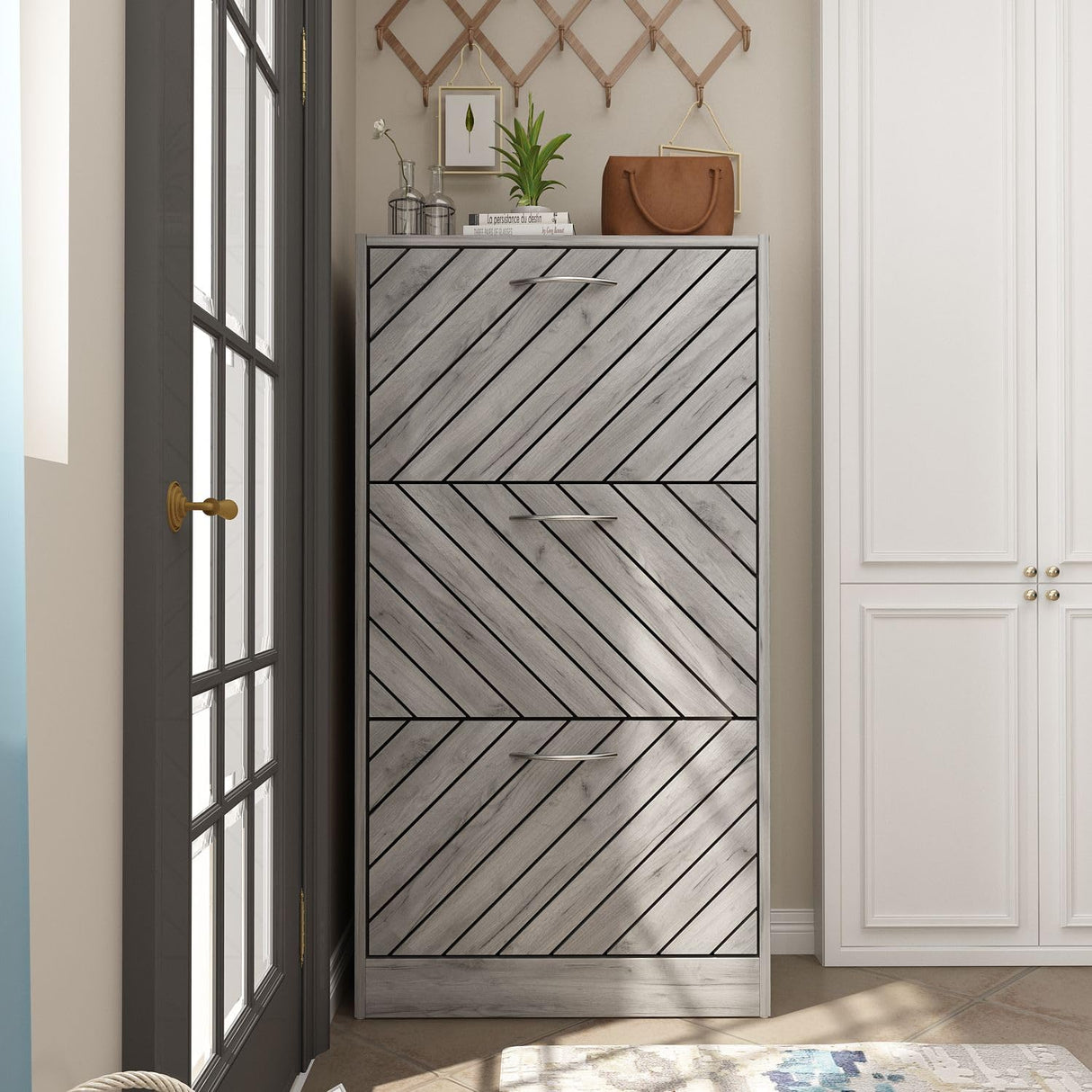 FAMAPY Modern Shoe Cabinet with 3 Flip Drawers, Freestanding Shoe Storage Cabinet, Slanted Design, Shoe Storage Organizer for Hallway Entryway Grey (22.4”W x 9.4”D x 42.3”H) FAMAPY