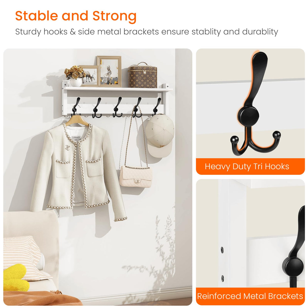 Homode Wall Shelf with Hooks, 24 Inch Coat Rack with Shelf, Farmhouse Entryway Floating Shelf with Tri Hooks, Coat Hanger with Storage for Bathroom, Entry Way, Mudroom, White Homode