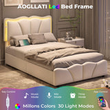 AOGLLATI Twin Bed Frame with 4 Storage Drawers & Charging Station,Upholstered Led Flower Twin Bed with Adjustable Headboard and Strong Wood Slat Support,No Spring Box Needed, Beige AOGLLATI