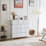 OLIXIS Dresser for Bedroom, 9 Storage Drawers, Wide Fabric Closet Chests Organizer Tower Furniture, TV Stand with Wooden Top Metal Frame for Clothes, Living Room, Hallway, Entryway, White OLIXIS