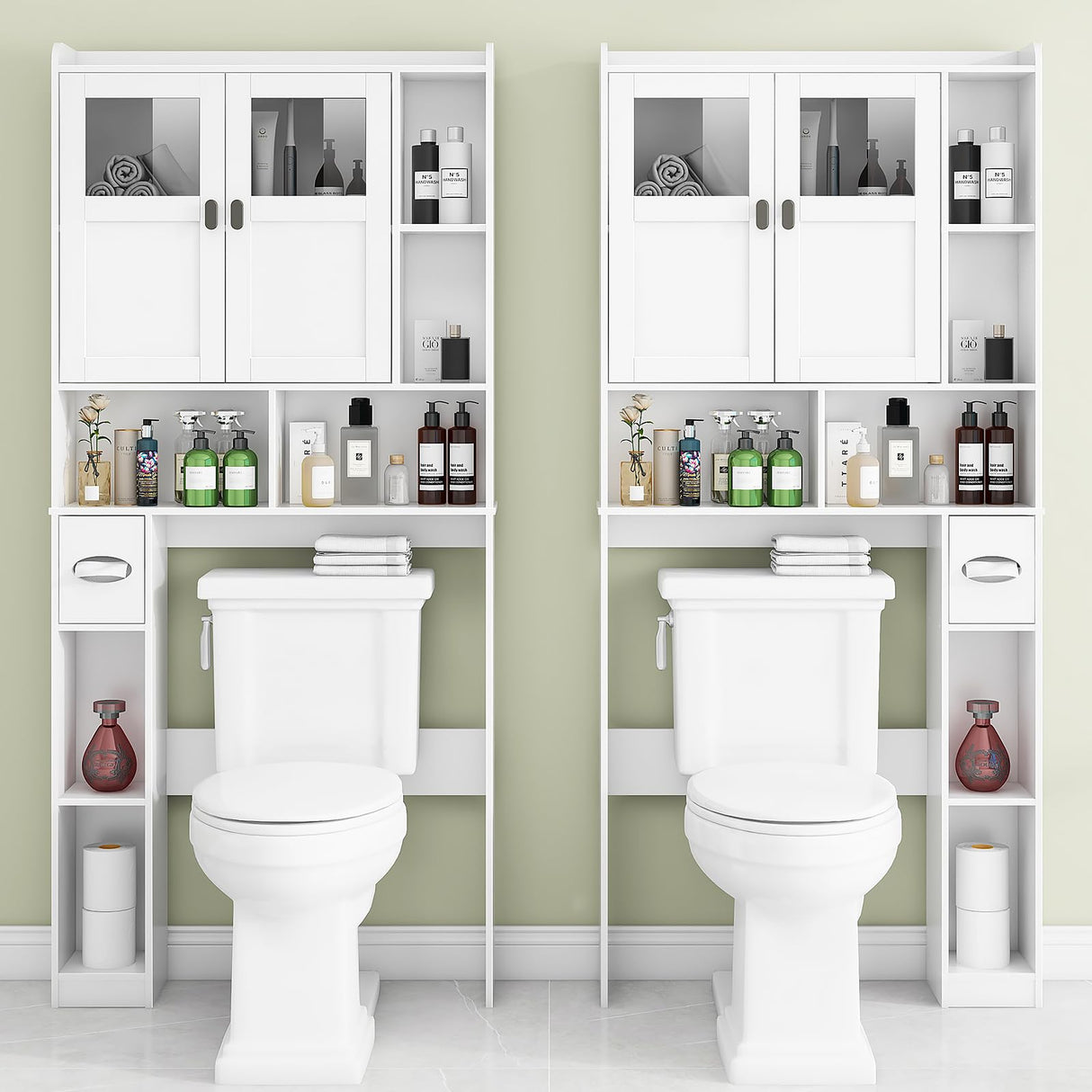 Vabches Over The Toilet Storage Cabinet, Bathroom Shelf Over Toilet with Glass Doors and Adjustable Shelves, White Freestanding Home Space Save Toilet Rack for Restroom, Bathroom, Laundry Vabches