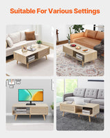 VEVOR Rattan Coffee Table, Mid Century Modern Coffee Table, Rectangle Wood Coffee Table, 42 Inch Modern Boho Style Two Layers Storage Coffee Table, for Living Room, Bedroom & Small Spaces VEVOR