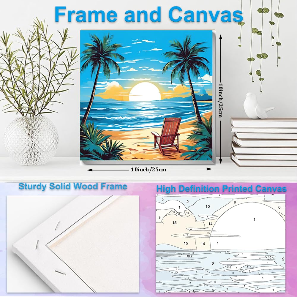 Artunion Framed Paint by Numbers Kit for Adults Beginners & Kids Ages 8-12,Summer Beach Paint by Number with Frame,Sunset Beach Paint by Numbers Kit on Canvas 10 * 10 Inch Without Easel Artunion