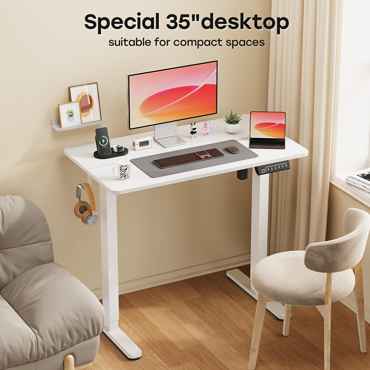 JYLH JOYSEEKER Small Standing Desk, 35" ×20" Electric White Standing Desk, Height Adjustable Compact Sit Stand Desk with Splice Board, Home Office Desk with 2 Hooks JYLH JOYSEEKER