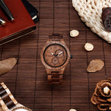 BEWELL Mens Wood Watch Quartz Analog Date Display Luminous Retro Handmade Wooden Wristwatch for Men (Walnut) BEWELL
