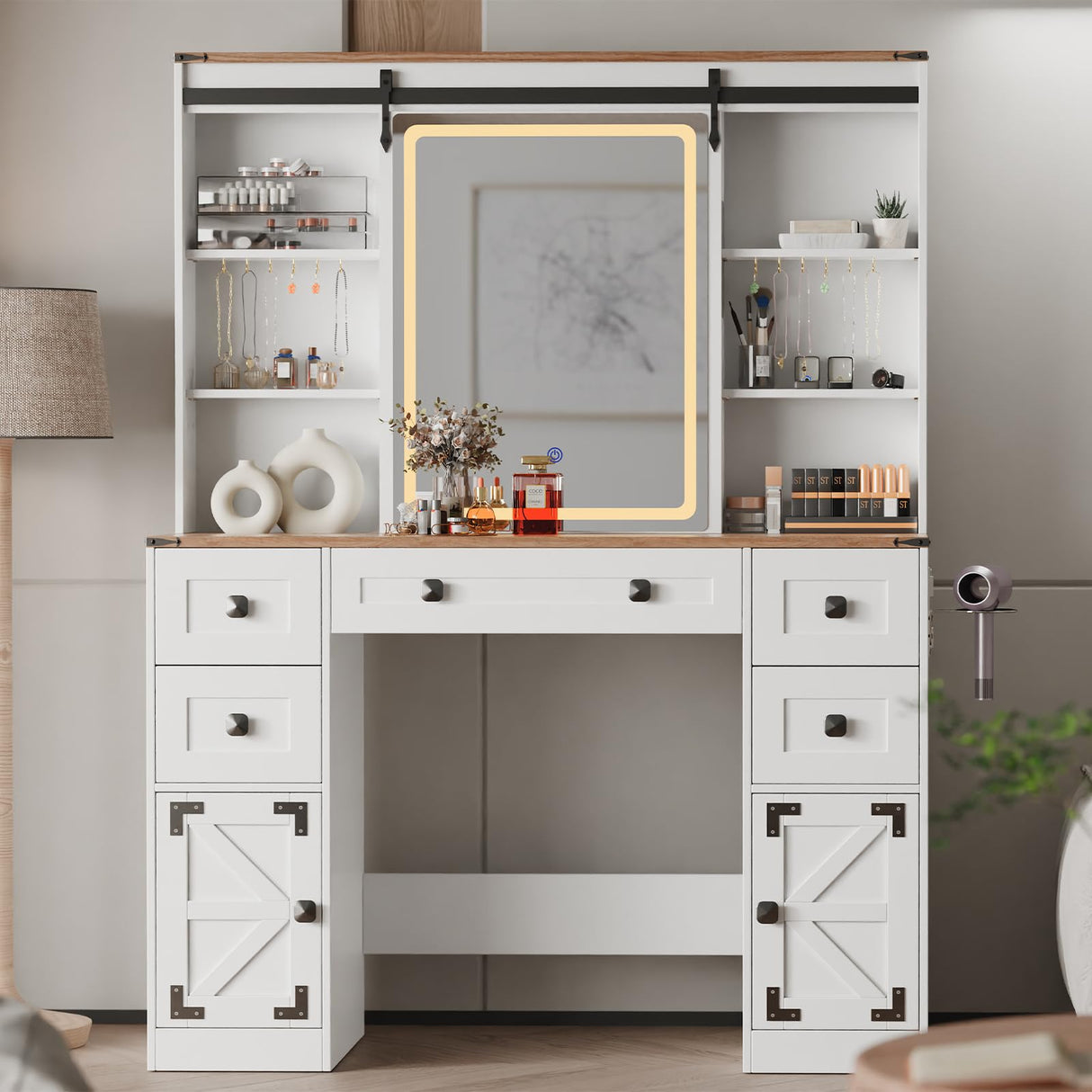 Makeup Vanity Desk with Lights, Large Vanity Desk with Sliding Mirror and Lights in 3 Mode, Farmhouse Vanity with Power Outlet, Vanity Desk with 5 Drawers,2 Cabinets,12 hooks, White Vanity for Bedroom ISHARINGTIME
