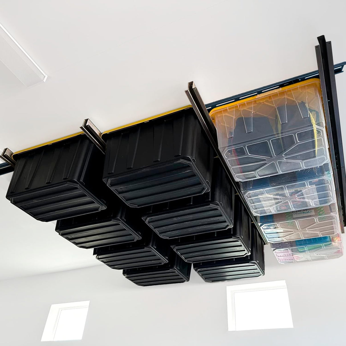 GARAGE STORAGE TOTE SLIDE RACK Overhead Tote Storage Rail System, Garage Ceiling Bin Storage Rack Heavy Duty Adjustable Tote Slide Garage Storage System, NEGRO, MR0001 RG GARAGE SOLUTIONS