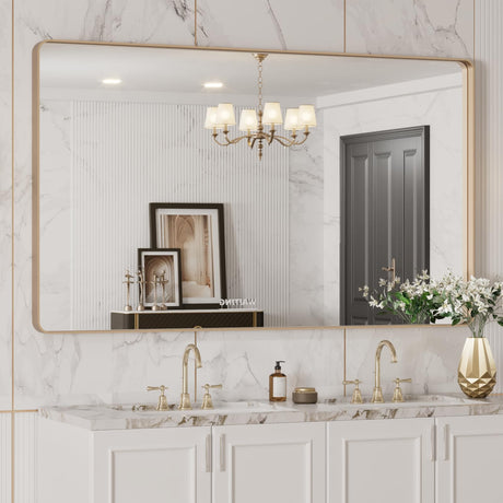 LOAAO 50”X30” Gold Bathroom Mirror, Rounded Rectangle Gold Frame Mirror, Brushed Gold Bathroom Vanity Mirror Wall-Mounted, Anti-Rust, Tempered Glass, Hangs Horizontally or Vertically LOAAO