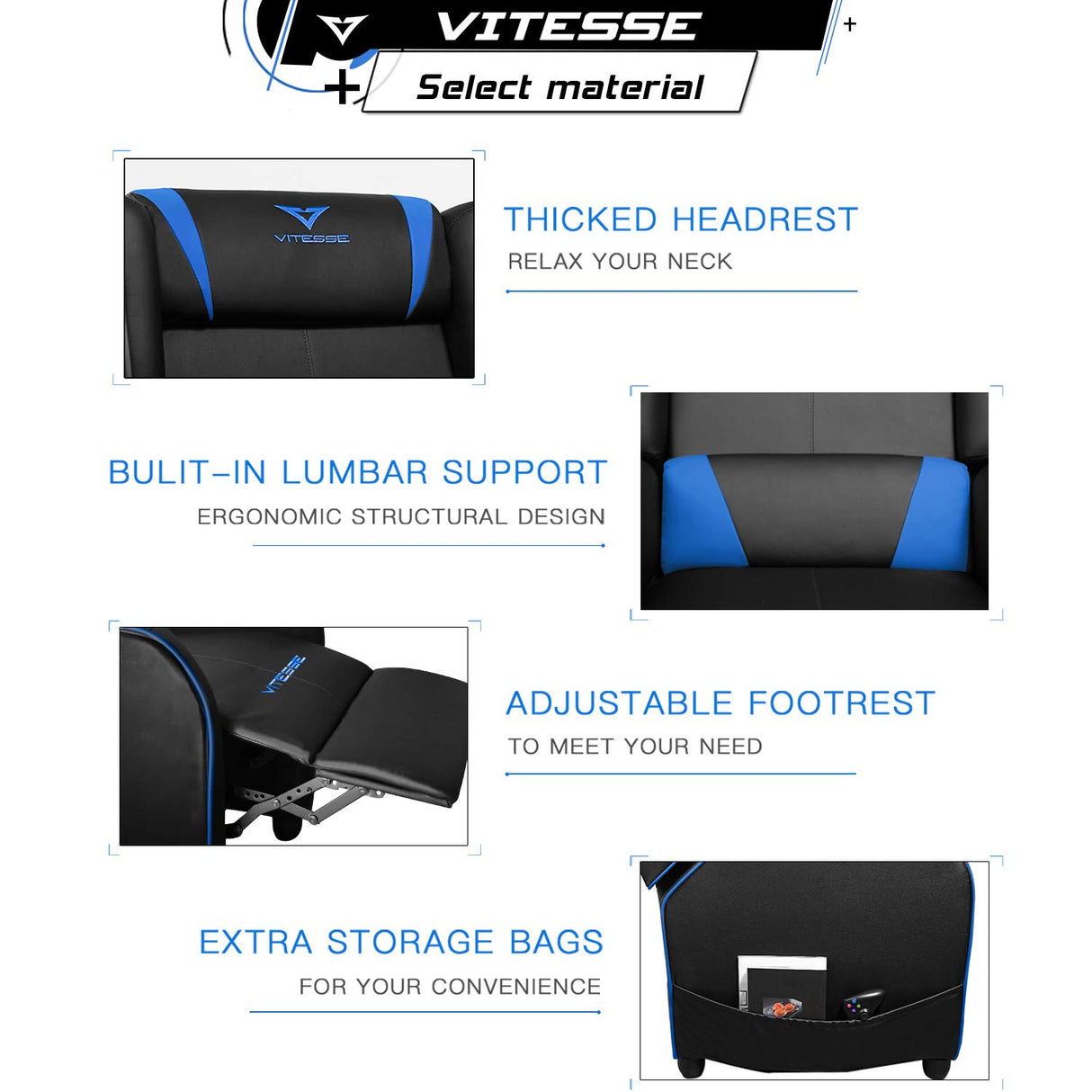 VITESSE VIT Gaming Recliner Chair Racing Style Single PU Leather Sofa Modern Living Room Recliners Ergonomic Comfortable Home Theater Seating, Blue. VITESSE