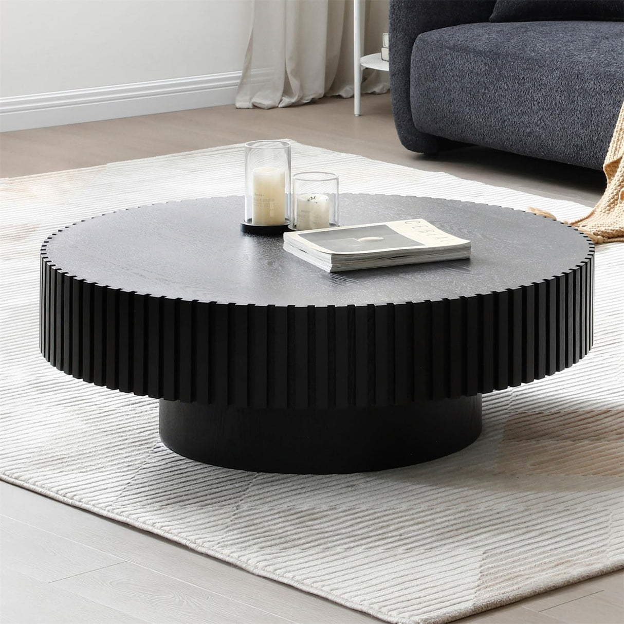 LKTART 31.49'' Matt Black Coffee Table Modern Nesting Round Wood Handcrafted Relief Tea Table with Sturdy Pedestal for Apartment Living Room LKTART