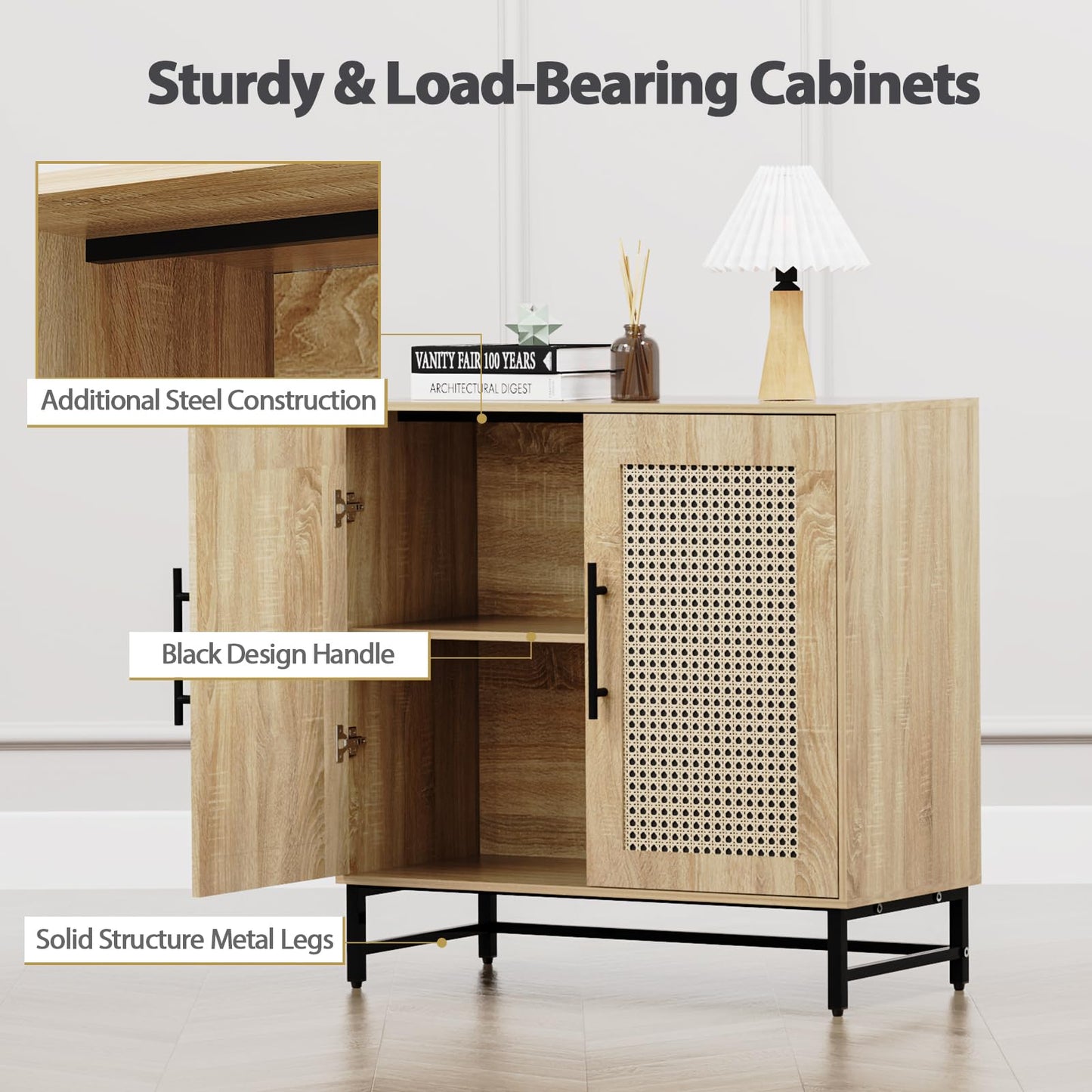 Vrullu Natural Rattan Storage Cabinet, Free Standing Buffet Cabinet, Morden Sideboard and Buffet Storage, Wood Accent Cabinet for Living Room, Hallway, Entryway, Bedroom - WoodArtSupply