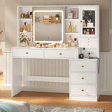 HAUOMS Makeup Vanity with Lights & Sliding Mirror, Vanity Desk with Jewelry Organizer, Glass Cabinet & 5 Drawers, Dressing Table, Modern White HAUOMS