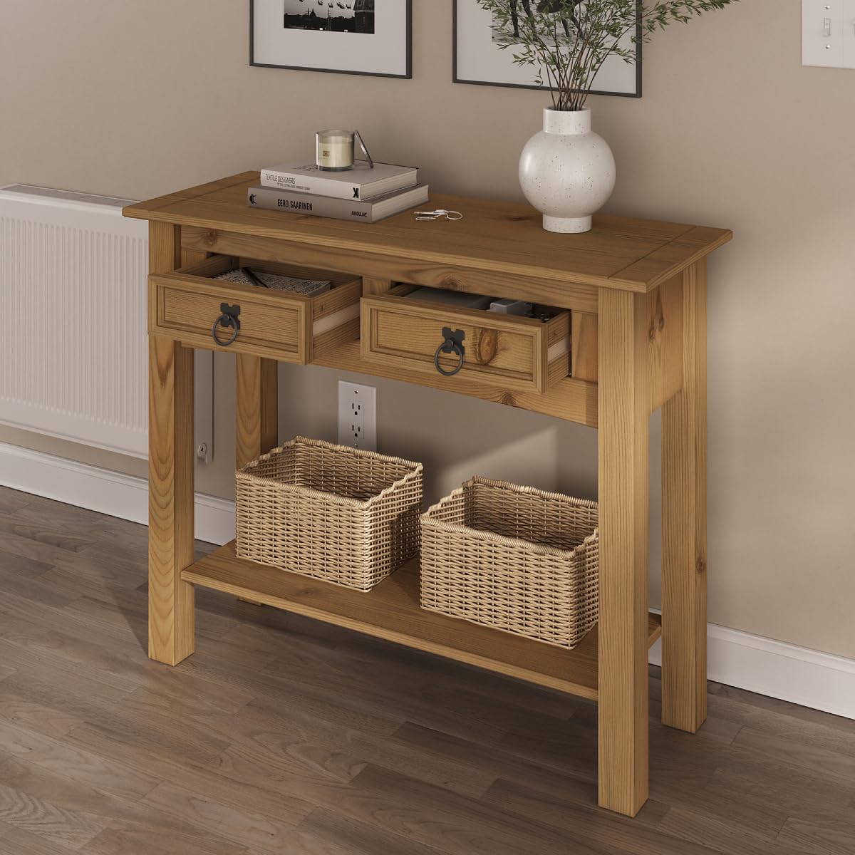 Furniture Dash Solid Wood Console Table Corona with 2 Drawers 34.49" W, 12.64" D, 28.82" H - Farmhouse Entryway Table with Storage Shelf, Tables for Living Room, Hallway Foyer for Office & Be - WoodArtSupply