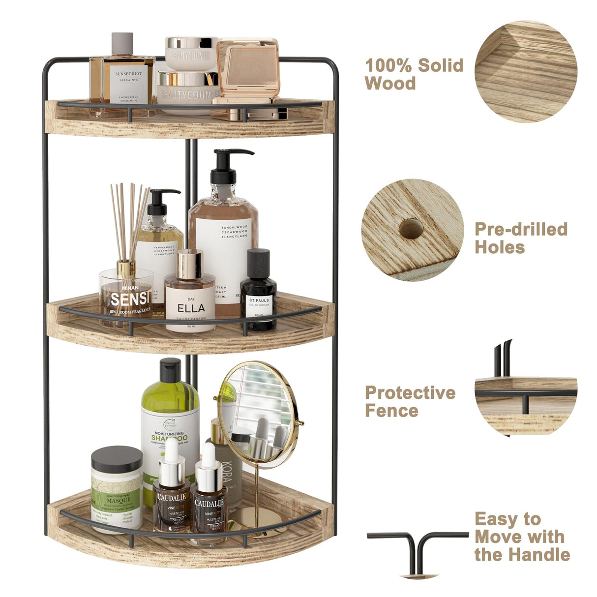 Fixwal Corner Bathroom Counter Organizer, 3 Tier Rustic Bathroom Organizer, Wood Countertop Storage Tray for Vanity, Kitchen, Bedroom (Light Brown) Fixwal