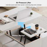 homary White Lift Top Coffee Table with Hidden Storage, 3 in 1 Multi-Function Modern Folding Center Table with 4 Stools and Casters homary