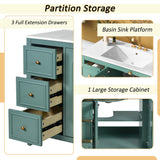 LUMISOL 36 Inch Bathroom Vanity with Sink, Free Standing Bathroom Sink Cabinet with 3 Drawers, 2 Glass Door & Side Storage, Vintage Bathroom Vanities with Ceramic Sink, Solid Wood Frame, Green LUMISOL