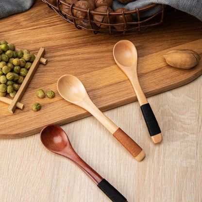 sansheng 4 Pcs Mini Wooden Spoons, Wood Soup Spoons For Eating Mixing Stirring Cooking, Handle Spoon With Japanese Style Kitchen Utensil, With Tied Line On Handle(13cm)