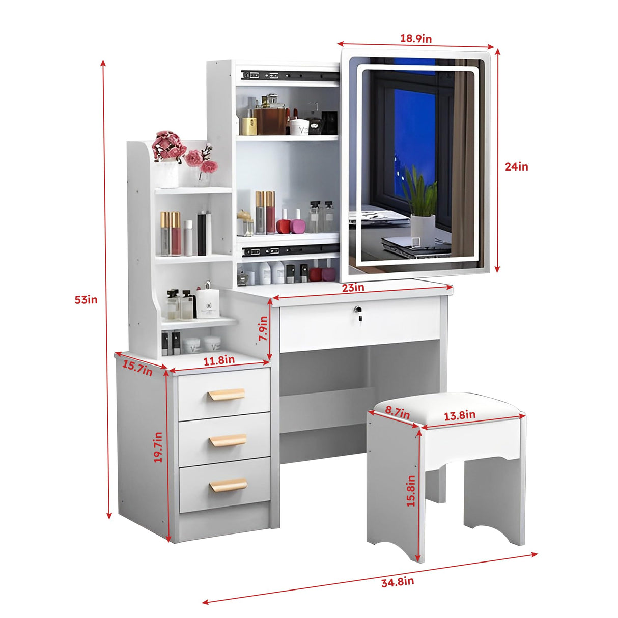 Leavader Vanity Desk Set with Lighted Mirror and Stool, Makeup Table with Sliding Led Lighted Mirror in 3 Colors, Makeup Desk with 4 Drawers & Shelves & Cushion Stool, Suitable for Home Apartment Leavader