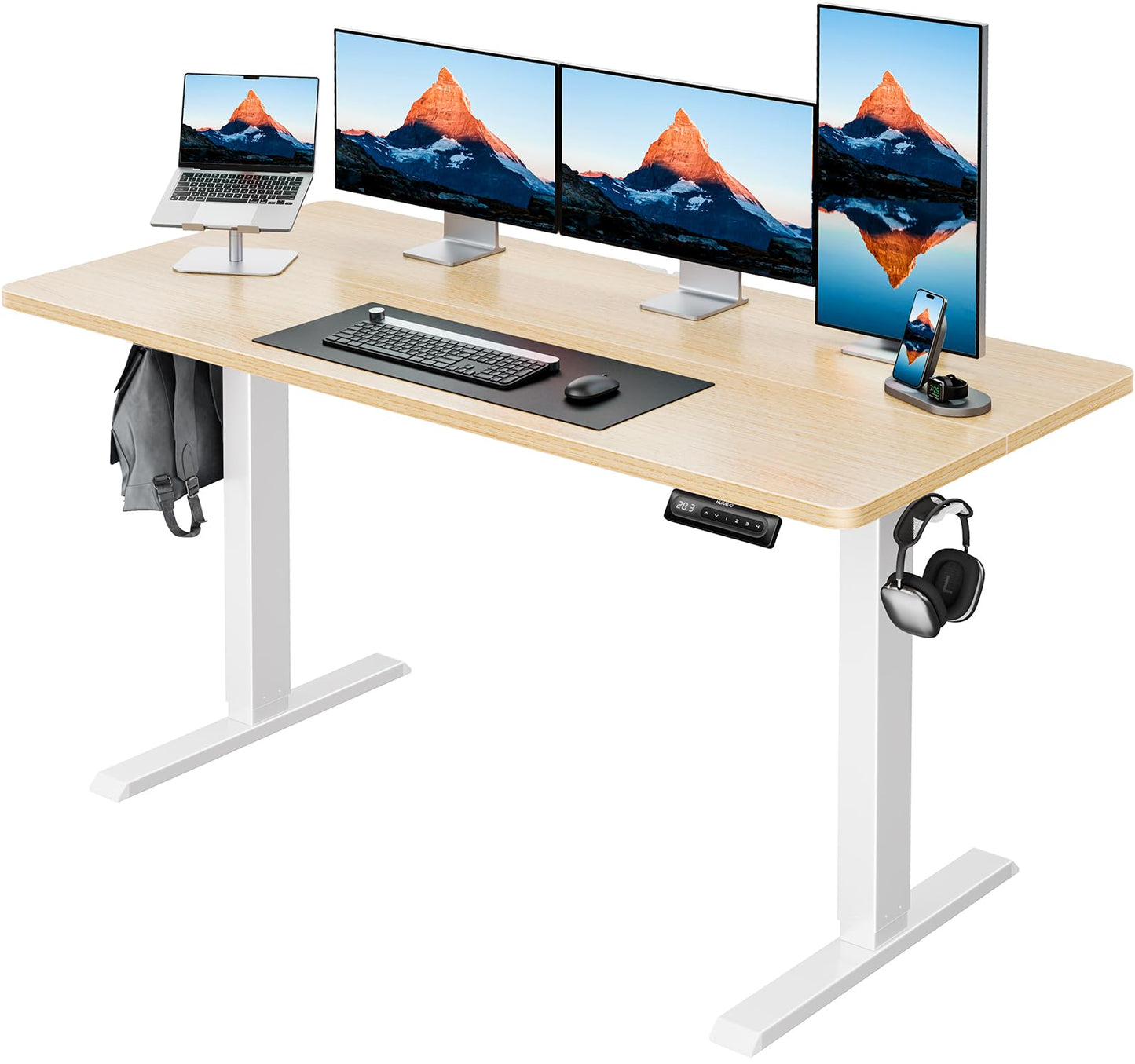 HUANUO 55" x 24" Electric Standing Desk Adjustable Height, 4 Memory Height Settings, Headphone Hook, Cable Manager, Sit Stand Up Desk for Home Office & Computer Workstation, Natural - WoodArtSupply