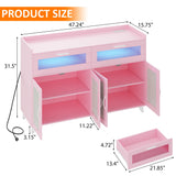 Sideboard Buffet Cabinet With LED Light & Power Outlet, Kitchen Storage Cabinet With 2 Acrylic-Board Drawers & 4 Rattan Doors, Coffee Bar Cabinet Wood Buffet Table for Kitchen, Dining Room (Pink) GarveeHome