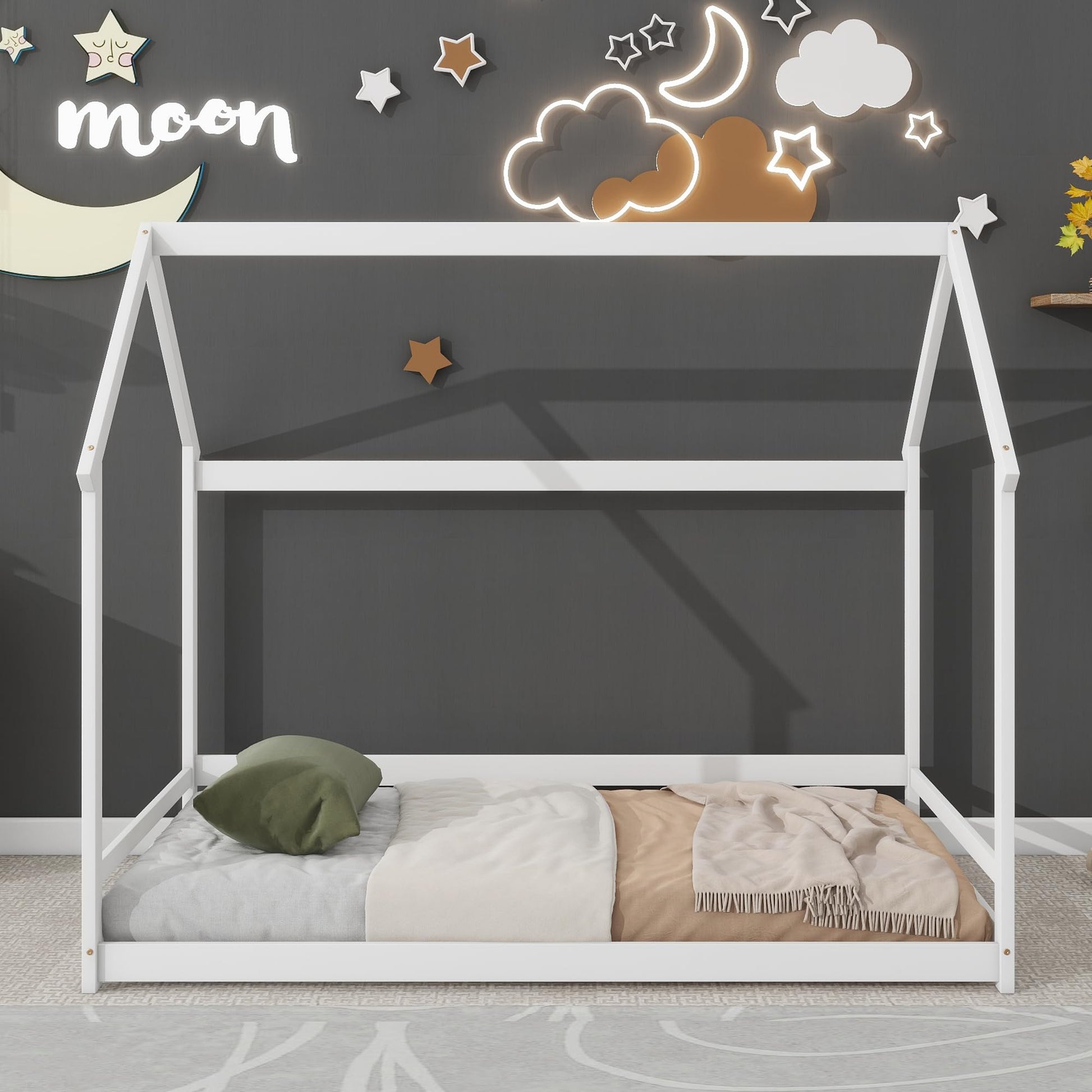 Mirightone Twin House Bed Frame with Storage - Montessori Floor Bed for Kids in White - WoodArtSupply