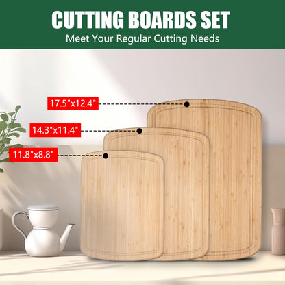 Baoee Cutting Boards for Kitchen-Made of Organic Bamboo Cutting Board Set of 3,Wood Cutting Boards with Deep Juice Grooves,Charcuterie Boards,Butcher Block Cutting Board,Easy Grip Handle