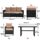 ZJEYEJZ 6 Pieces Patio Furniture Set - All-Weather Outdoor Wicker Sectional Conversation Sofa, Rattan Patio Seating Sofa Set with 4'' Cushion and Glass Table for Porch Poolside, Brown ZJEYEJZ